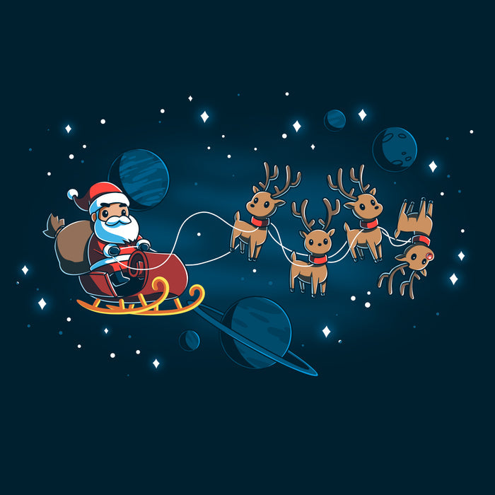 Premium Cotton T-shirt_TeeTurtle navy blue Houston, We Have a Santa apparel featuring Santa Claus on a sleigh with his reindeer floating in space with plants and stars in the background.
