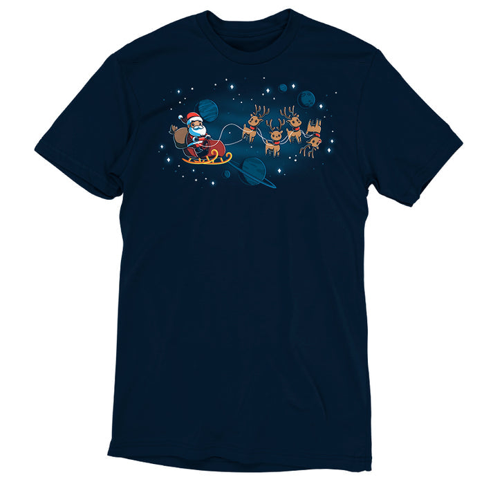 Premium Cotton T-shirt_TeeTurtle navy blue Houston, We Have a Santa apparel featuring Santa Claus on a sleigh with his reindeer floating in space with plants and stars in the background.