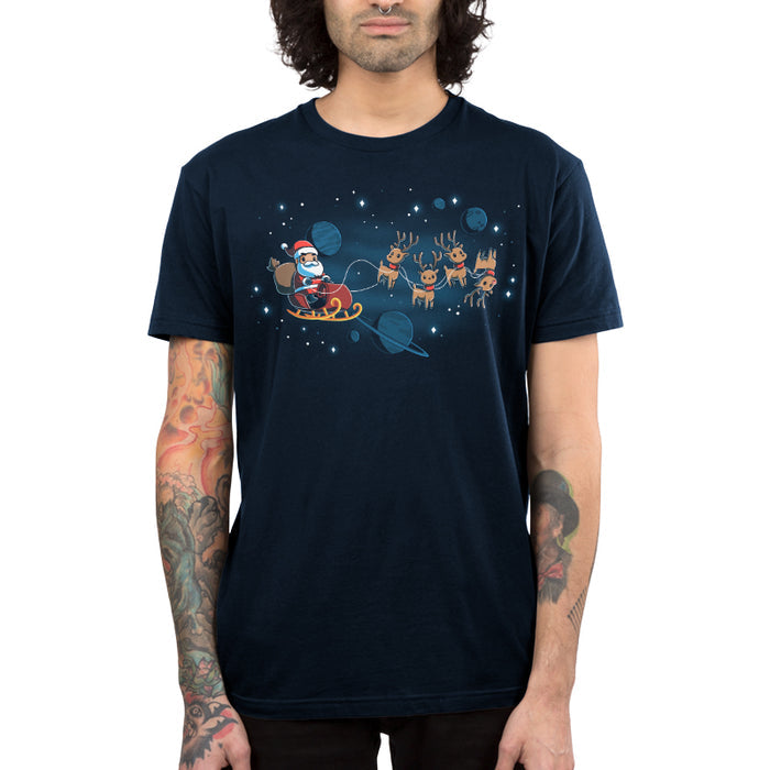 Premium Cotton T-shirt_TeeTurtle navy blue Houston, We Have a Santa apparel featuring Santa Claus on a sleigh with his reindeer floating in space with plants and stars in the background.