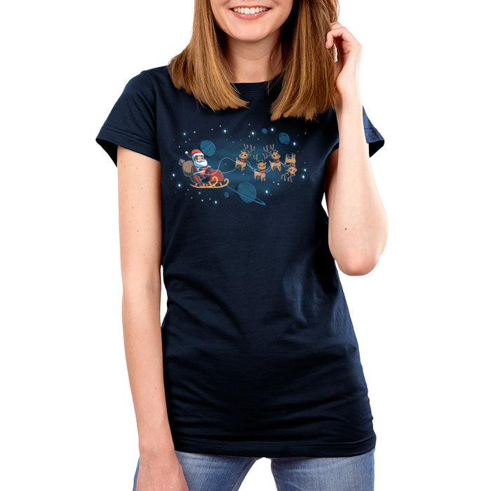 Premium Cotton T-shirt_TeeTurtle navy blue Houston, We Have a Santa apparel featuring Santa Claus on a sleigh with his reindeer floating in space with plants and stars in the background.