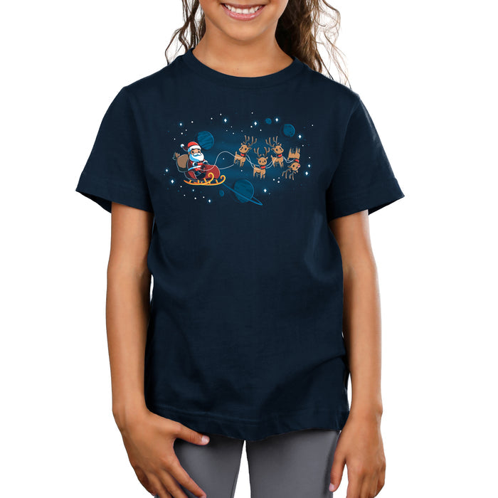 Premium Cotton T-shirt_TeeTurtle navy blue Houston, We Have a Santa apparel featuring Santa Claus on a sleigh with his reindeer floating in space with plants and stars in the background.