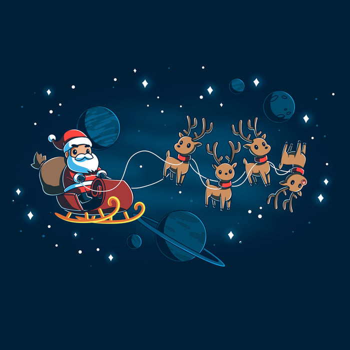 Classic Cotton T-shirt_TeeTurtle navy blue Houston, We Have a Santa apparel featuring Santa Claus on a sleigh with his reindeer floating in space with plants and stars in the background.