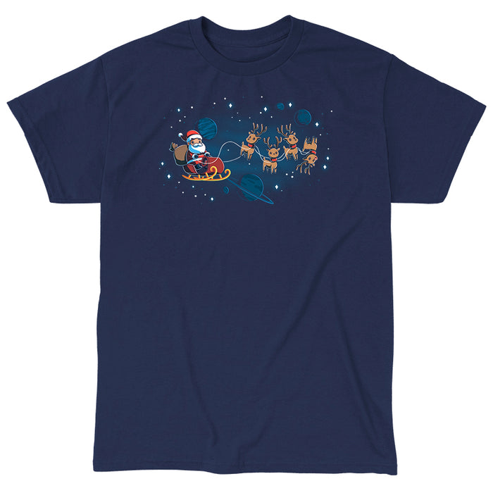 Classic Cotton T-shirt_TeeTurtle navy blue Houston, We Have a Santa apparel featuring Santa Claus on a sleigh with his reindeer floating in space with plants and stars in the background.