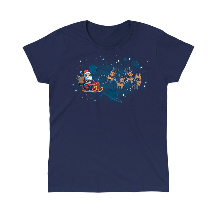 Classic Cotton T-shirt_TeeTurtle navy blue Houston, We Have a Santa apparel featuring Santa Claus on a sleigh with his reindeer floating in space with plants and stars in the background.