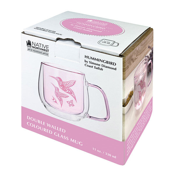 Double-walled colored glass mug with pink design in packaging, featuring Native Northwest branding.