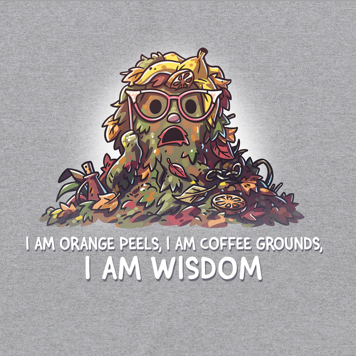 Classic Cotton T-shirt_TeeTurtle heather gray I Am Wisdom apparel featuring Marjory the Trash Heap from Fraggle Rock with her iconic saying as a caption, “I am Orange peels, I am Coffee Grounds, I am Wisdom“.