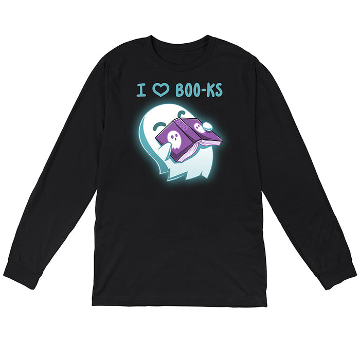 Long Sleeve T-shirt_TeeTurtle black I Heart Boo-ks apparel featuring a happy ghost inhaling the scent of a book with the caption, "I <3 Boo-ks".