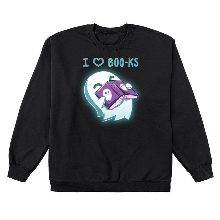 Crew Neck Sweatshirt_TeeTurtle black I Heart Boo-ks apparel featuring a happy ghost inhaling the scent of a book with the caption, "I <3 Boo-ks".
