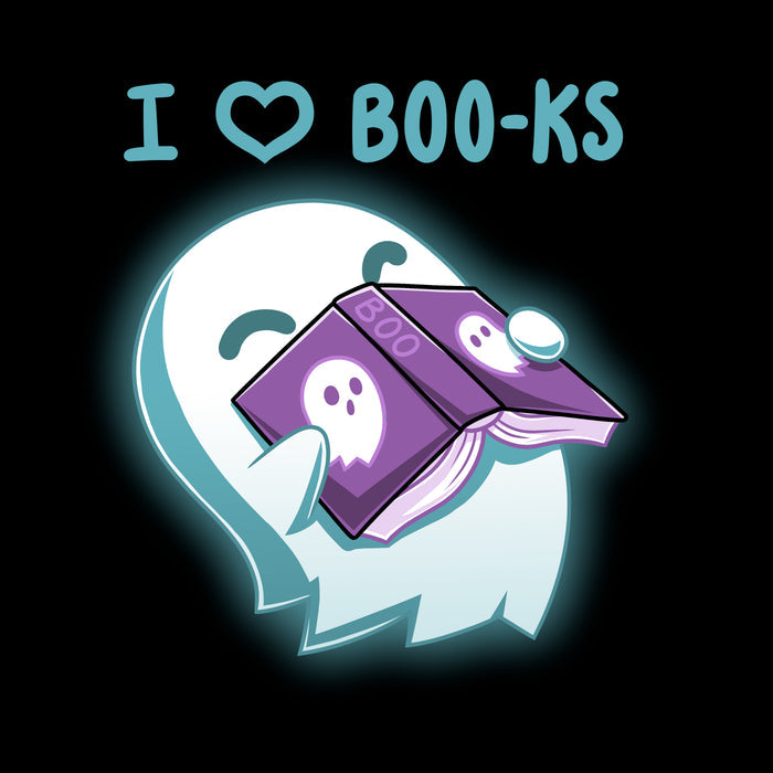 Pullover Hoodie_TeeTurtle black I Heart Boo-ks apparel featuring a happy ghost inhaling the scent of a book with the caption, "I <3 Boo-ks".