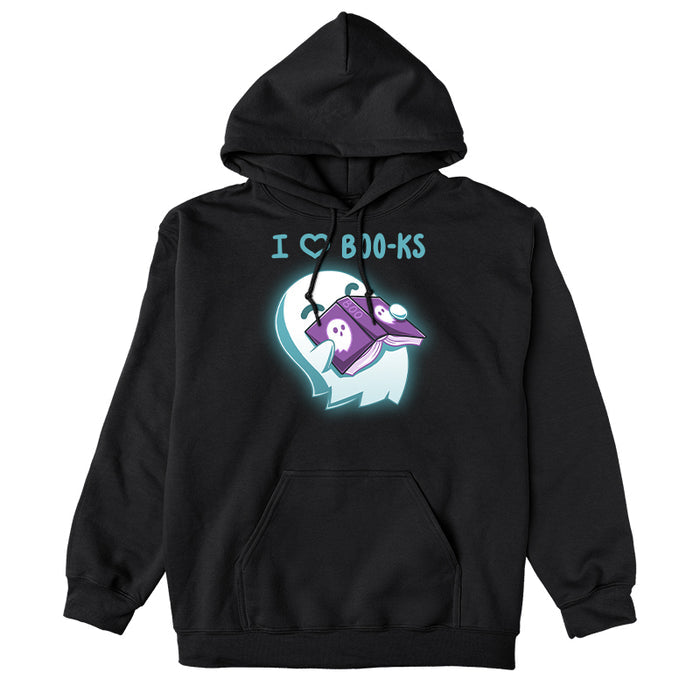 Pullover Hoodie_TeeTurtle black I Heart Boo-ks apparel featuring a happy ghost inhaling the scent of a book with the caption, "I <3 Boo-ks".