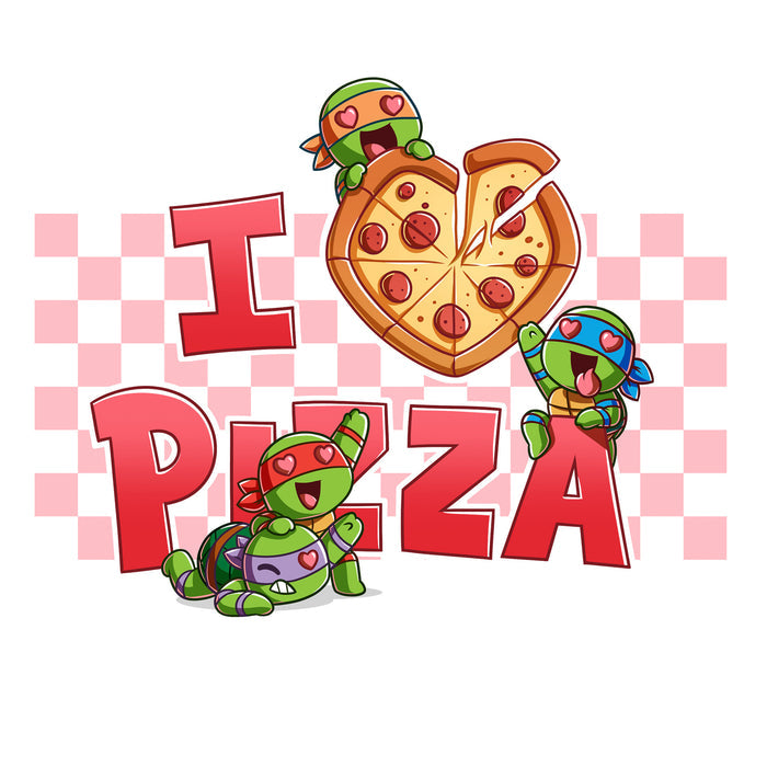 Classic Cotton T-shirt_TeeTurtle white I Love Pizza apparel featuring the caption, “I Heart Pizza“, with the heart as a heart-shaped pizza, and Leonardo, Michelangelo, Donatello, and Raphael with heart eyes fighting over the pizza.