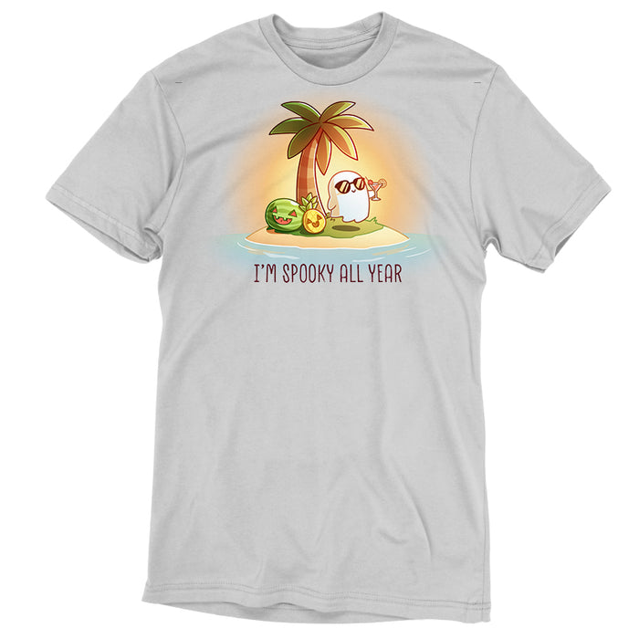 Premium Cotton T-shirt_TeeTurtle silver I'm Spooky All Year apparel featuring a ghost drinking a cocktail on a beach with fruits carved like jack-o-lanterns