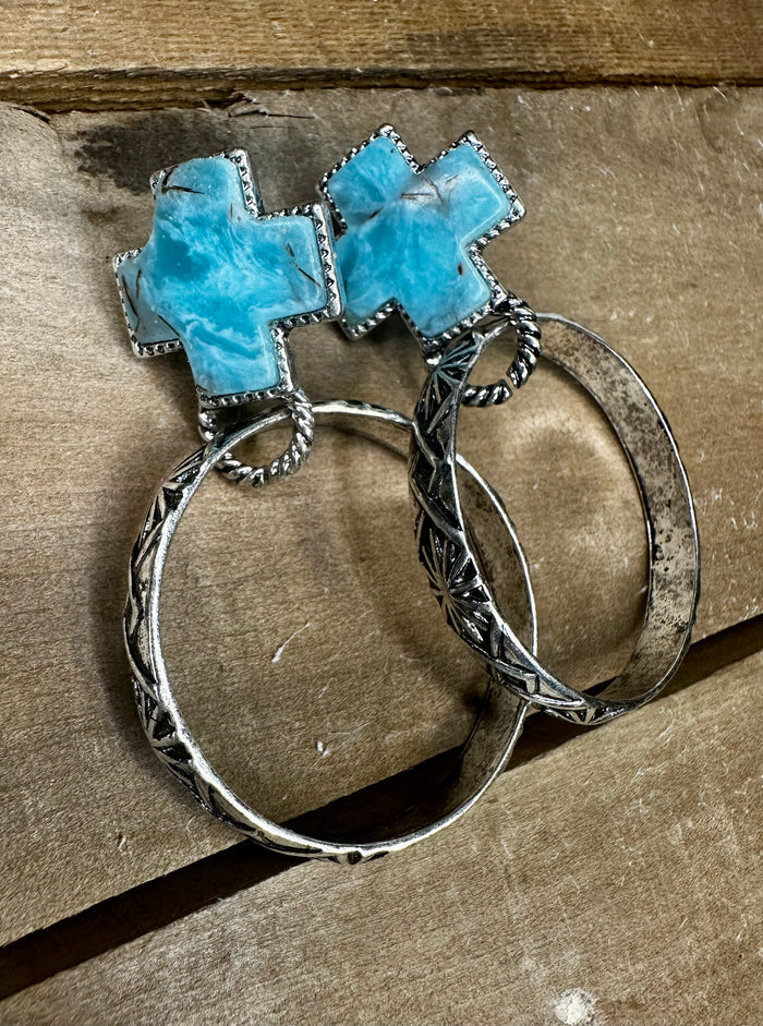 Turquoise and Silvertone Boulder Bay Cross Hoop Earrings