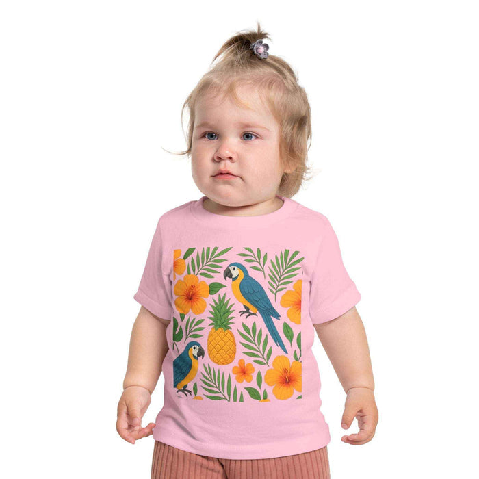 Tropical infant t shirt with a playful Hawaiian inspired design, short sleeves and soft fabric for sunny baby summer outfits.