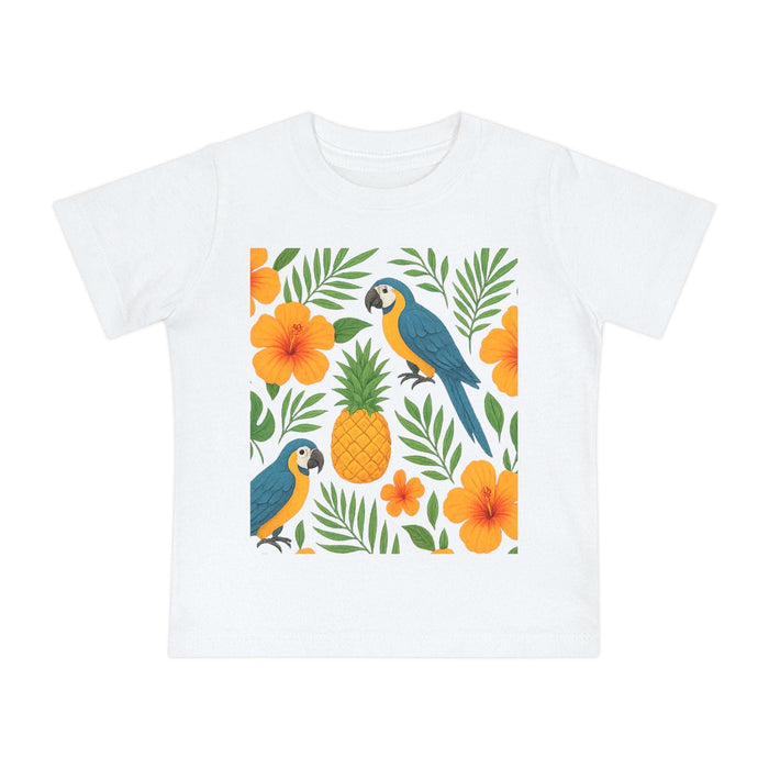 Tropical baby t shirt shows the playful summer print, side seam construction and neck tape details for lasting everyday wear.