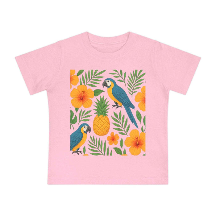 Short sleeve infant t shirt with a Hawaiian-inspired artwork, lightweight fabric and an easy shape for sunny park adventures.