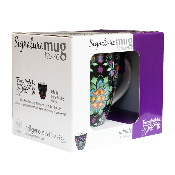 Colorful mug with floral design in a branded box on a white background