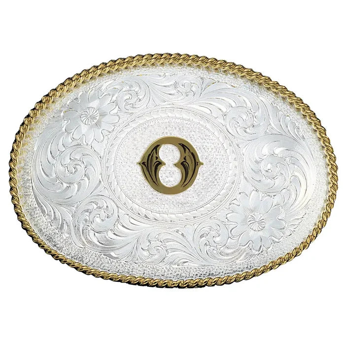 Initial O Silver Engraved Gold Trim Western Belt Buckle