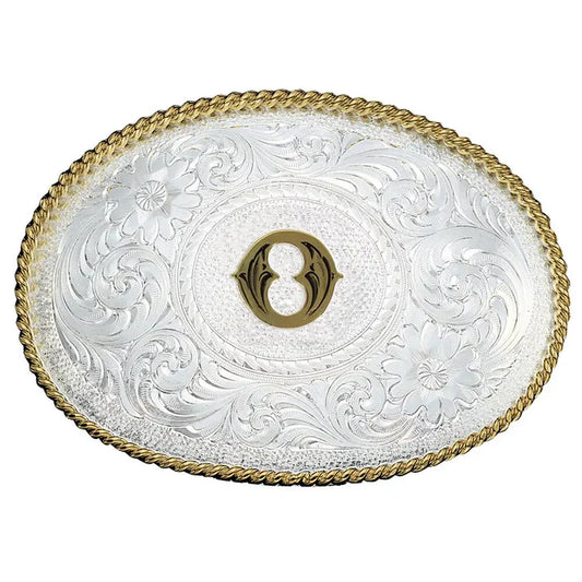 Initial O Silver Engraved Gold Trim Western Belt Buckle
