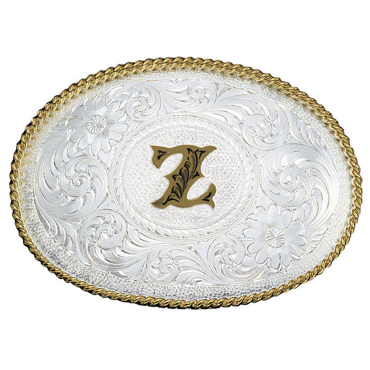 Initial Z Silver Engraved Gold Trim Western Belt Buckle