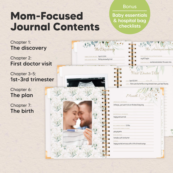 Mom-Focused Journal Contents: Chapter 1 The discovery, Chapter 2 First doctor visit, Chapter 3 1st–3rd trimester, Chapter 6 The plan, Chapter 7 The birth, Bonus baby essentials hospital bag checklist