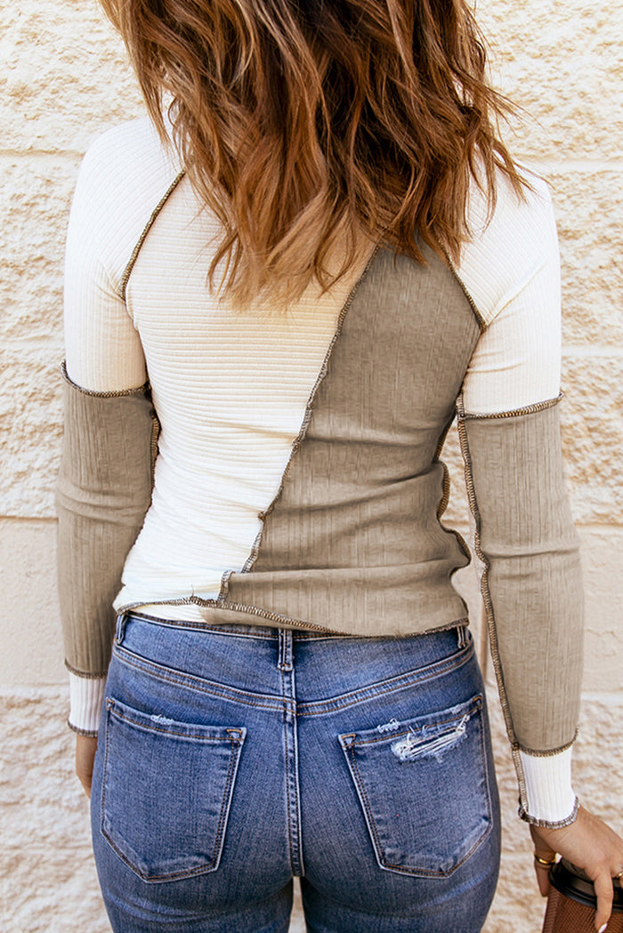 Irregular Colour Block Seaming Trim Rib Knit Top - Tops/Long Sleeve Tops