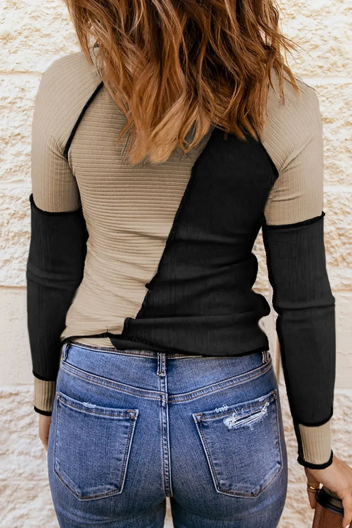 Irregular Colour Block Seaming Trim Rib Knit Top - Tops/Long Sleeve Tops