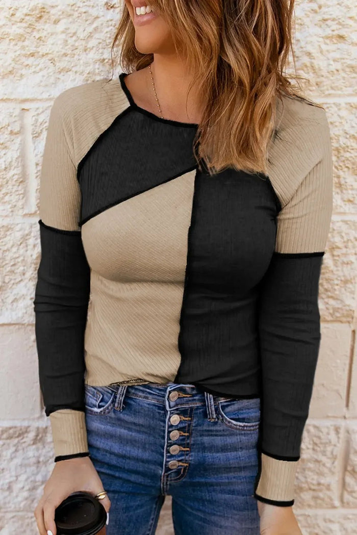 Irregular Colour Block Seaming Trim Rib Knit Top - Tops/Long Sleeve Tops