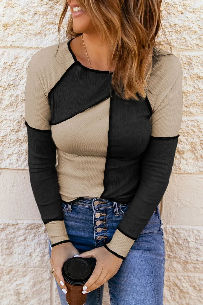 Irregular Colour Block Seaming Trim Rib Knit Top - Tops/Long Sleeve Tops