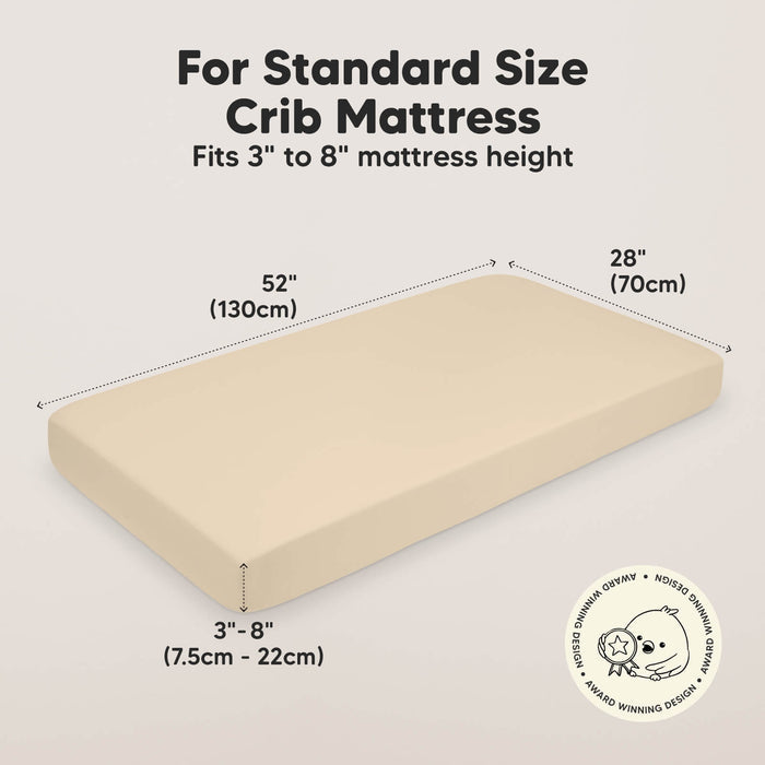 For Standard Size Crib Mattress - Size at 52 inches long, 28 inches wide, and Fits 3" to 8" mattress height