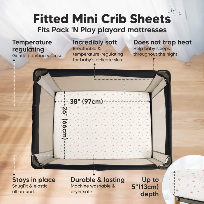 Fitted Mini Crib Sheets. Fits Pack 'N Play playard mattresses. Temperature regulating, Incredibly soft, does not trap heat, stays in place, durable & long lasting. Length is 38 inches, Width is 26 inches and height is up to 5 inches