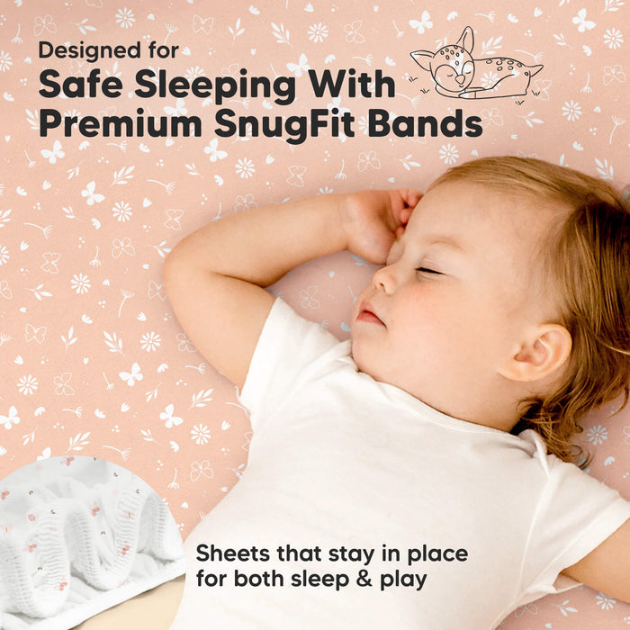 Designed for Safe Sleeping With Premium SnugFit Bands. 
Sheets that stay in place for both sleep & play