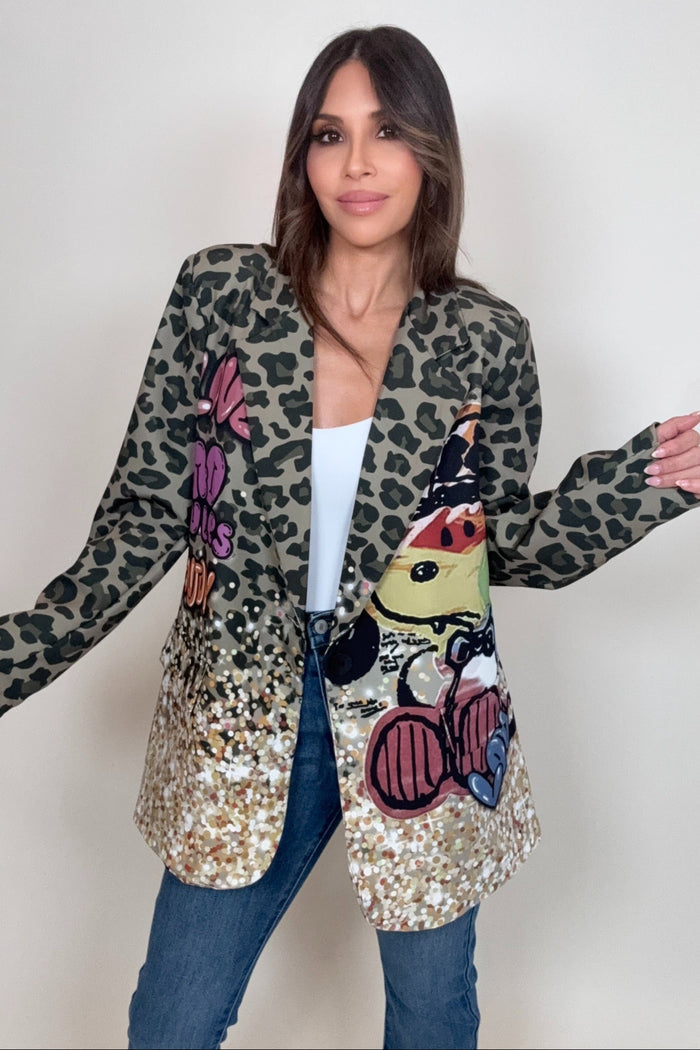 Style the Italian Camo Cartoon Print Blazer exclusively at Born To Glam