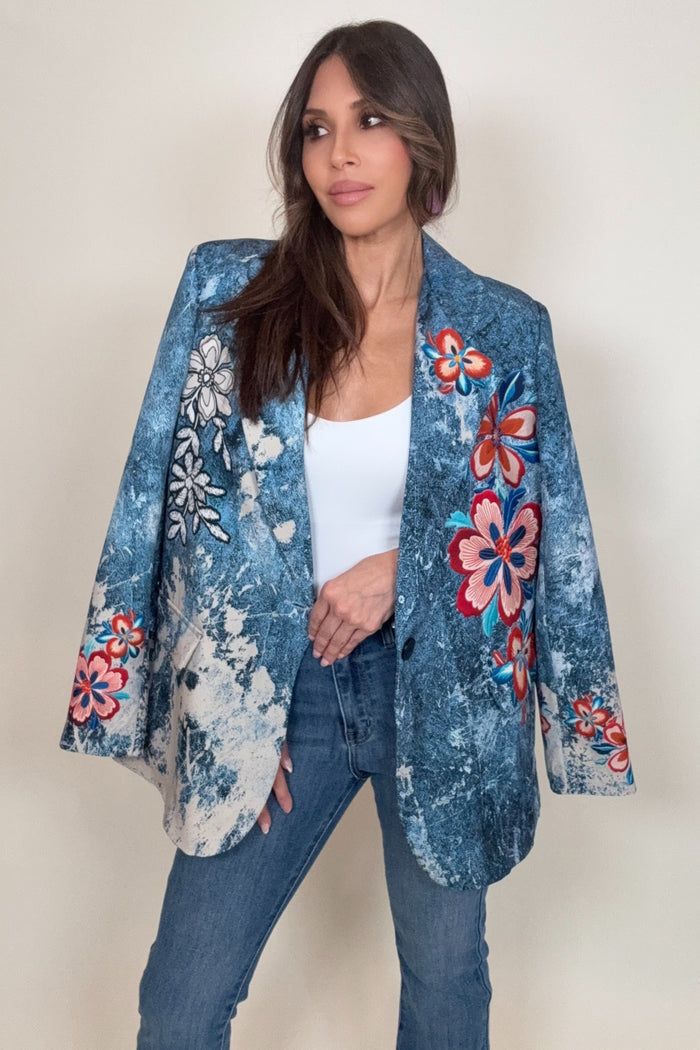 Style the Italian Denim Floral Print Blazer exclusively at Born To Glam