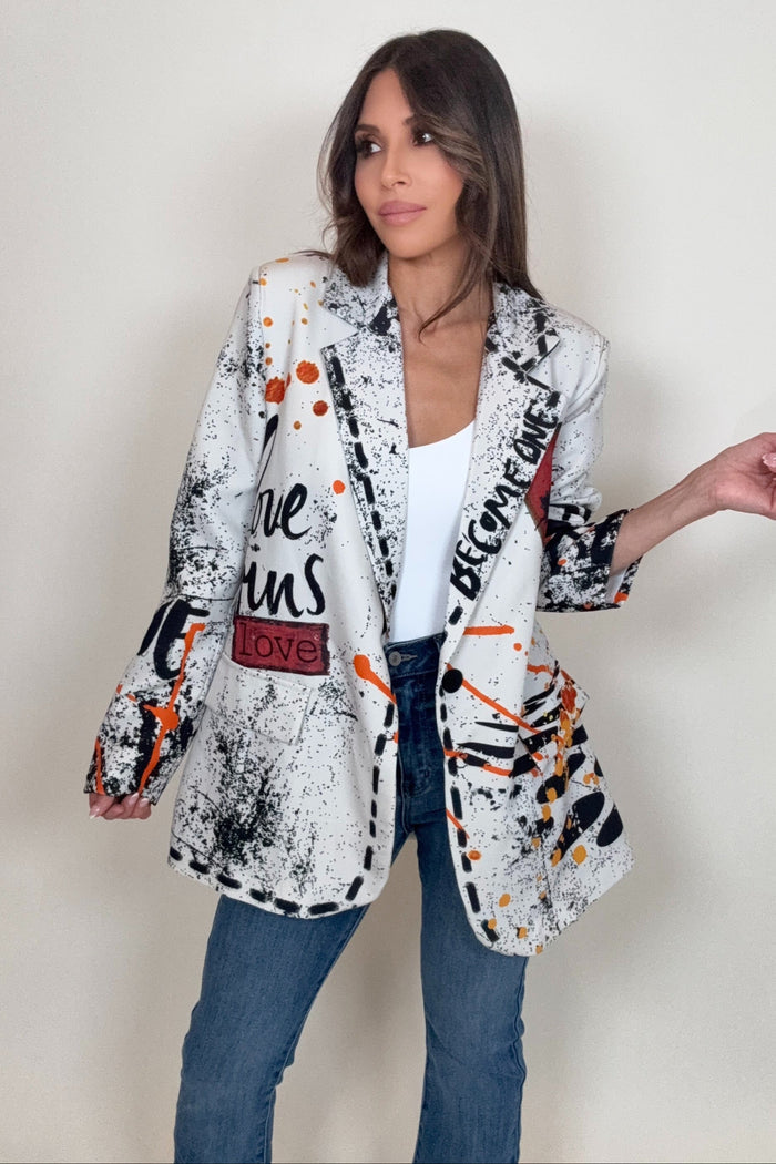 Style the Italian Love Wins Print Blazer exclusively at Born To Glam