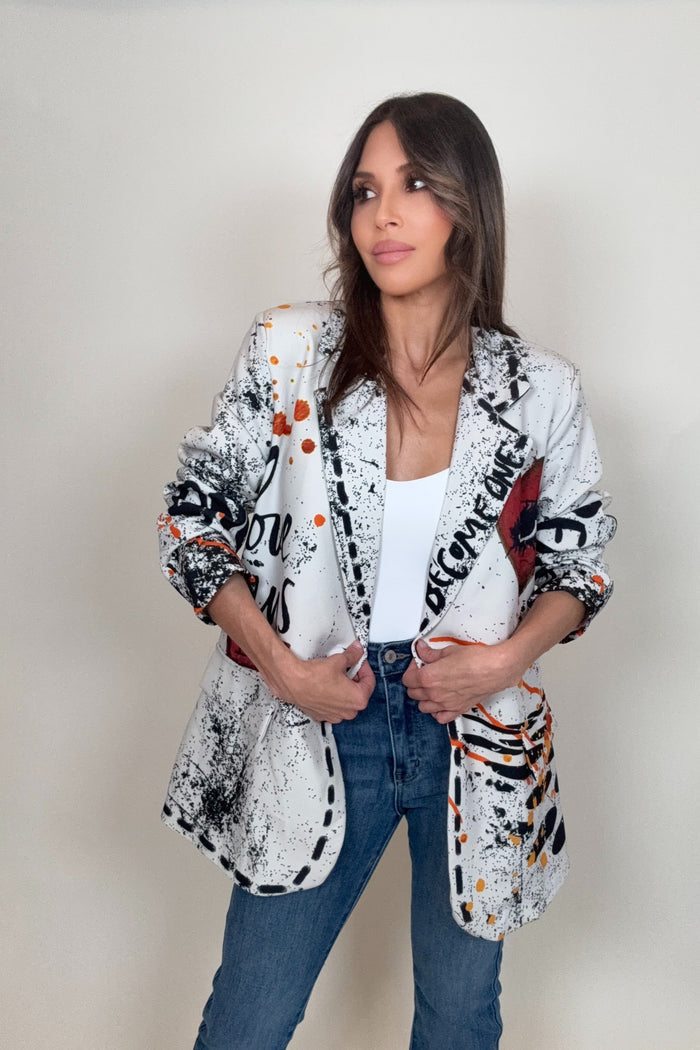 Style the Italian Love Wins Print Blazer exclusively at Born To Glam