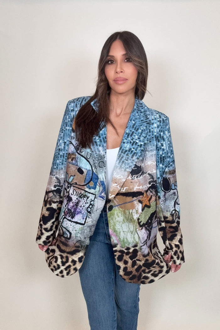 Style the Italian Snoopy Print Blazer exclusively at Born To Glam