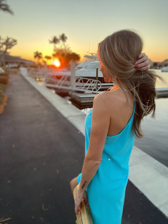 Back side view of Jude Connally Bailey Dress in Santorini Blue