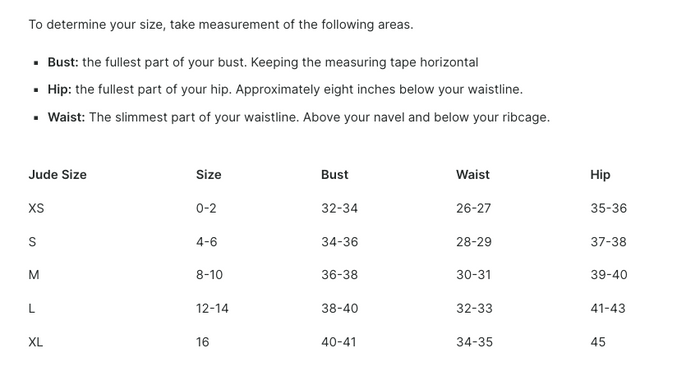 Size chart for Jude Connally Bailey Dress