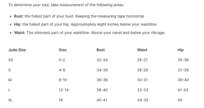 Jude Connally Size Chart