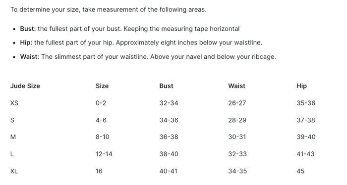 Jude Connally Size Chart