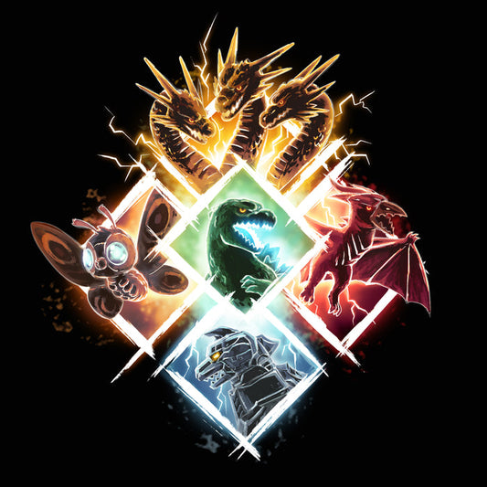 Premium Cotton T-shirt_TeeTurtle black Kaiju Vortex apparel featuring King Ghidorah, Mothra, Godzilla, Rodan, and Mechagodzilla in diamond-shaped frames grouped together to form a large diamond.