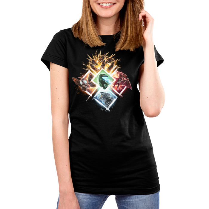 Premium Cotton T-shirt_TeeTurtle black Kaiju Vortex apparel featuring King Ghidorah, Mothra, Godzilla, Rodan, and Mechagodzilla in diamond-shaped frames grouped together to form a large diamond.