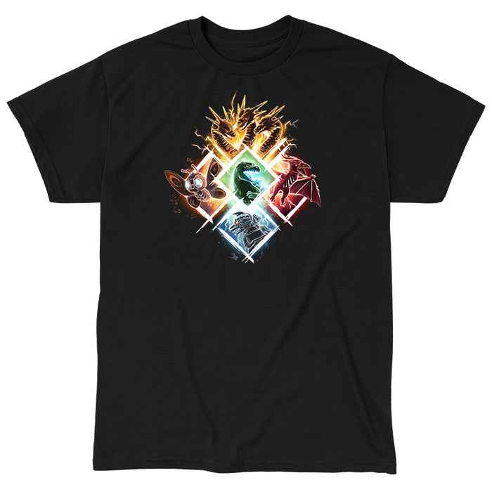 Classic Cotton T-shirt_TeeTurtleb lack Kaiju Vortex apparel featuring King Ghidorah, Mothra, Godzilla, Rodan, and Mechagodzilla in diamond-shaped frames grouped together to form a large diamond.