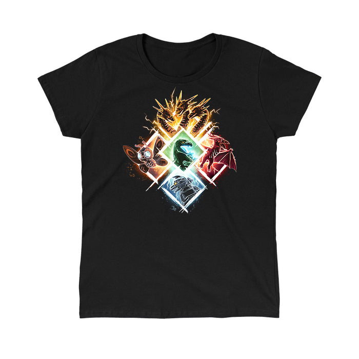 Classic Cotton T-shirt_TeeTurtleb lack Kaiju Vortex apparel featuring King Ghidorah, Mothra, Godzilla, Rodan, and Mechagodzilla in diamond-shaped frames grouped together to form a large diamond.