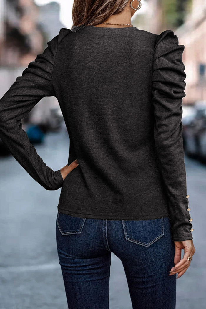 Khaki Buttoned Puff Long Sleeve Sheath Top - Tops/Long Tops