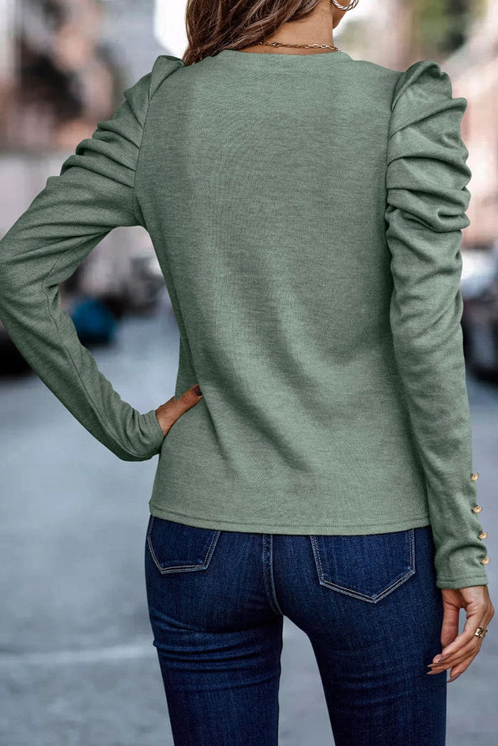 Khaki Buttoned Puff Long Sleeve Sheath Top - Tops/Long Tops