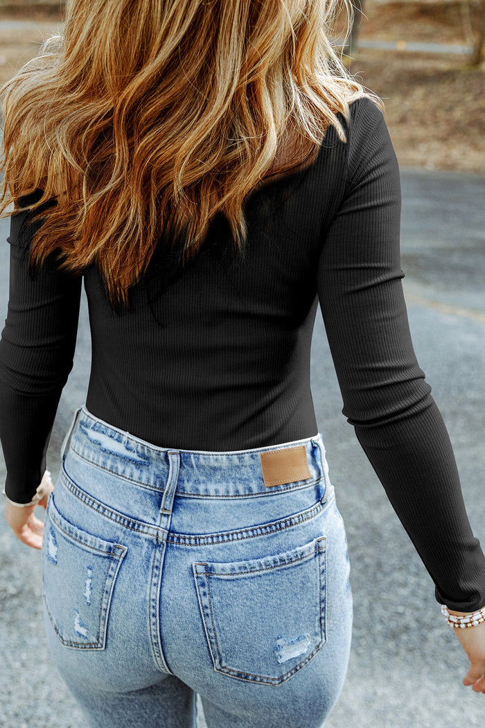 Khaki Ribbed Knit High Neck Long Sleeve Top - Tops/Long Tops