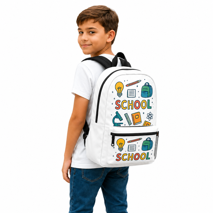 Kids school backpack in white with colorful graphics, front zipper pocket, side mesh pocket and black straps for daily class.