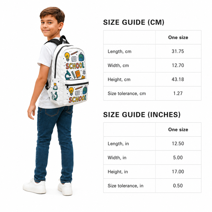 White kids school backpack with bright classroom icons, durable polyester body, front pocket and practical side mesh storage.